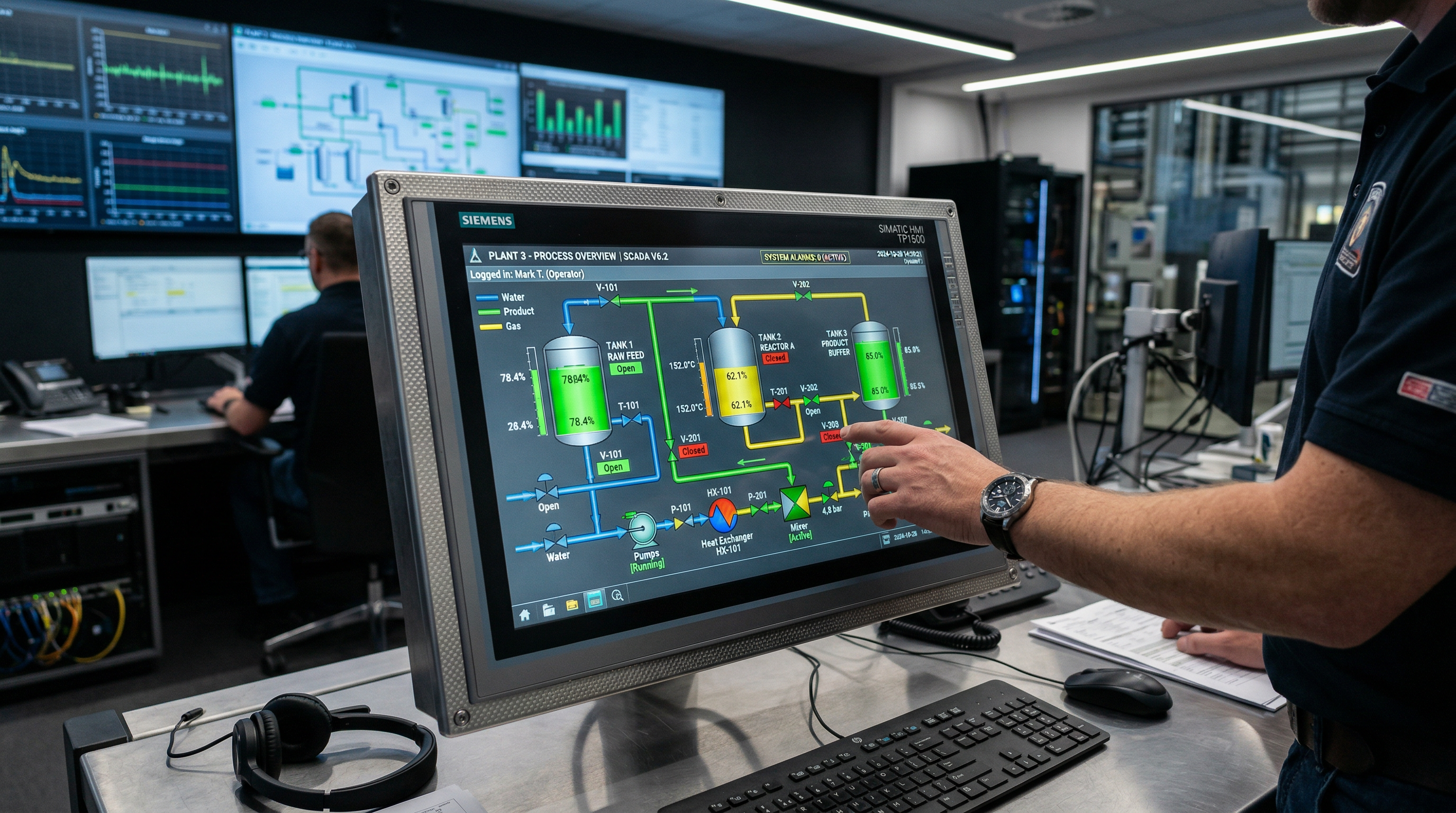 Operator using industrial HMI touchscreen showing SCADA process overview