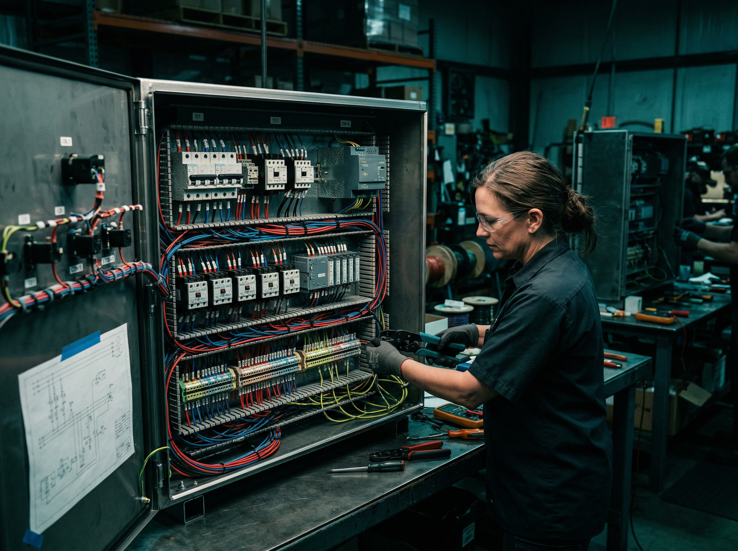 Custom industrial control panel being assembled in shop