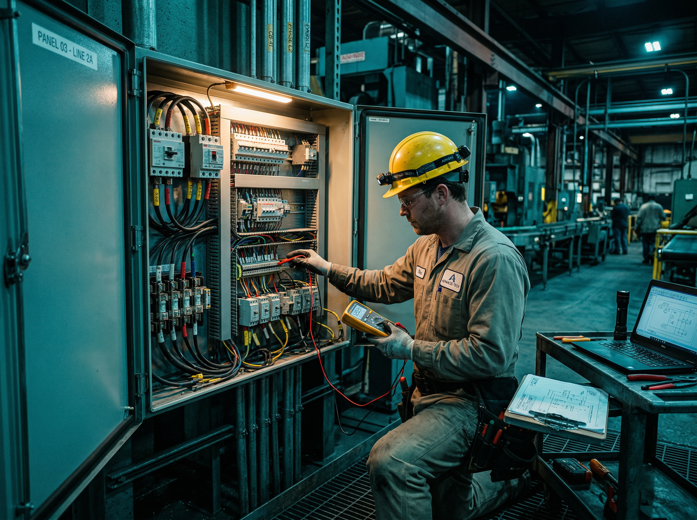 Technician inspecting and servicing industrial control panel in the field