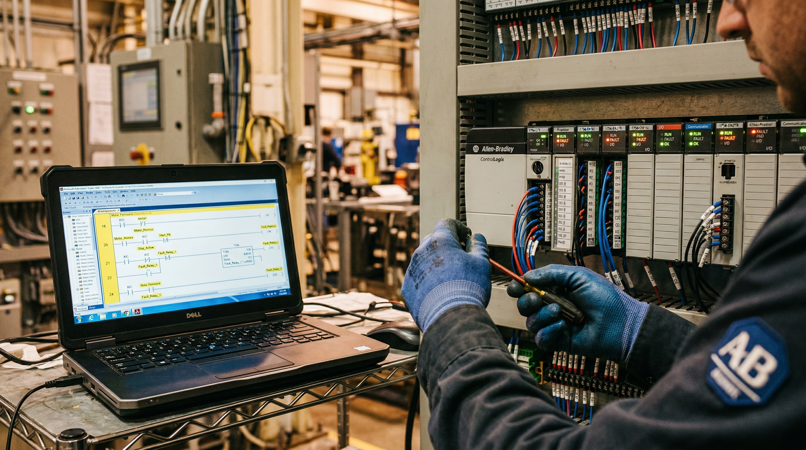 Technician troubleshooting Allen-Bradley PLC with ladder logic on laptop